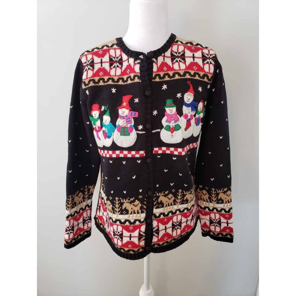 Designers Originals Womens Holiday Cardigan‎ Sweater MED PET Snowmen Christmas